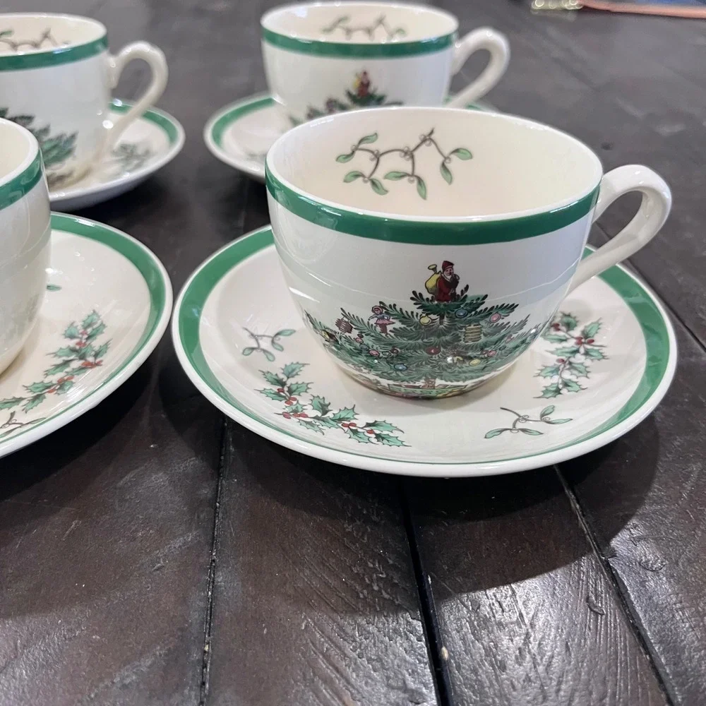 Spode Christmas Tree Teacup and Saucer Set of 4 Made in England S3324 Green Trim